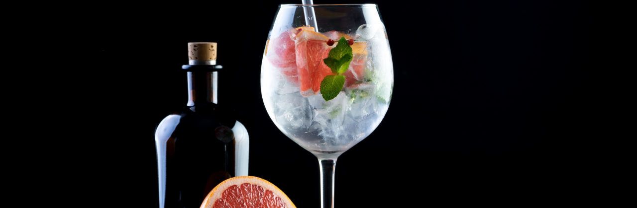 Gin And Tonic Alcohol Drink Cocktail Glass Ice Fruit Garnish Plain Black White Background